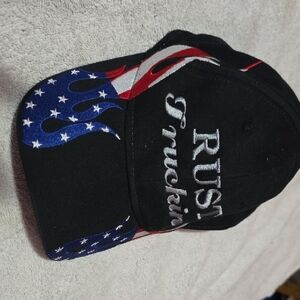 Black Cap with American Flag and Flames Design